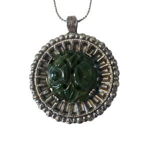 Vintage Carved Green Bakelite & Silver Pendant Necklace